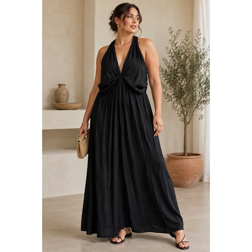 Old Navy Maxi Dress XXL Black Halter Smocked Back Textured Evening Glam